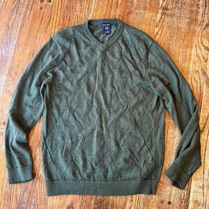 Gap mens size XL green 100% merino wool vneck fair isle golf check sweater